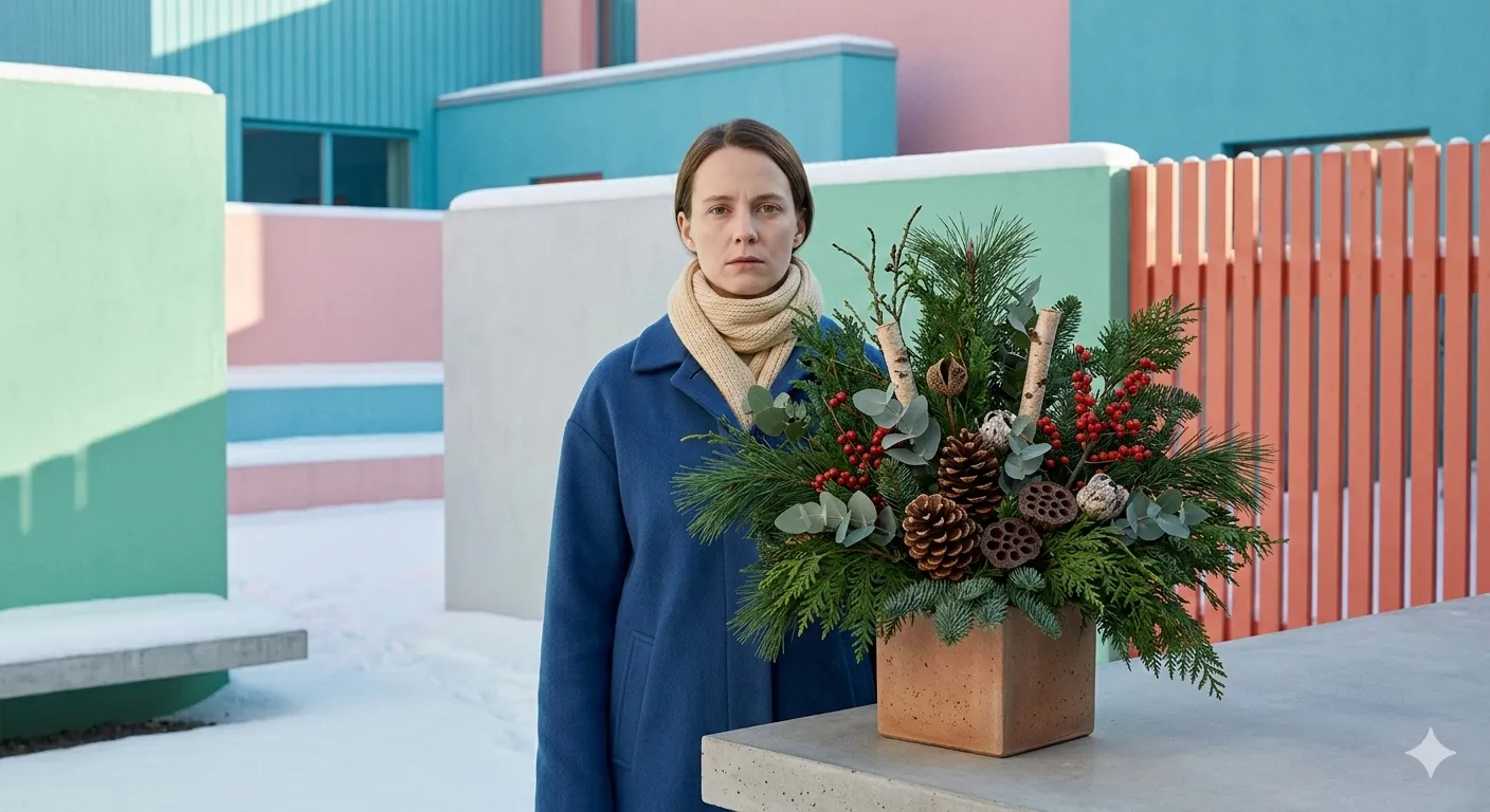 Vinterarrangement med eviggrønne planter